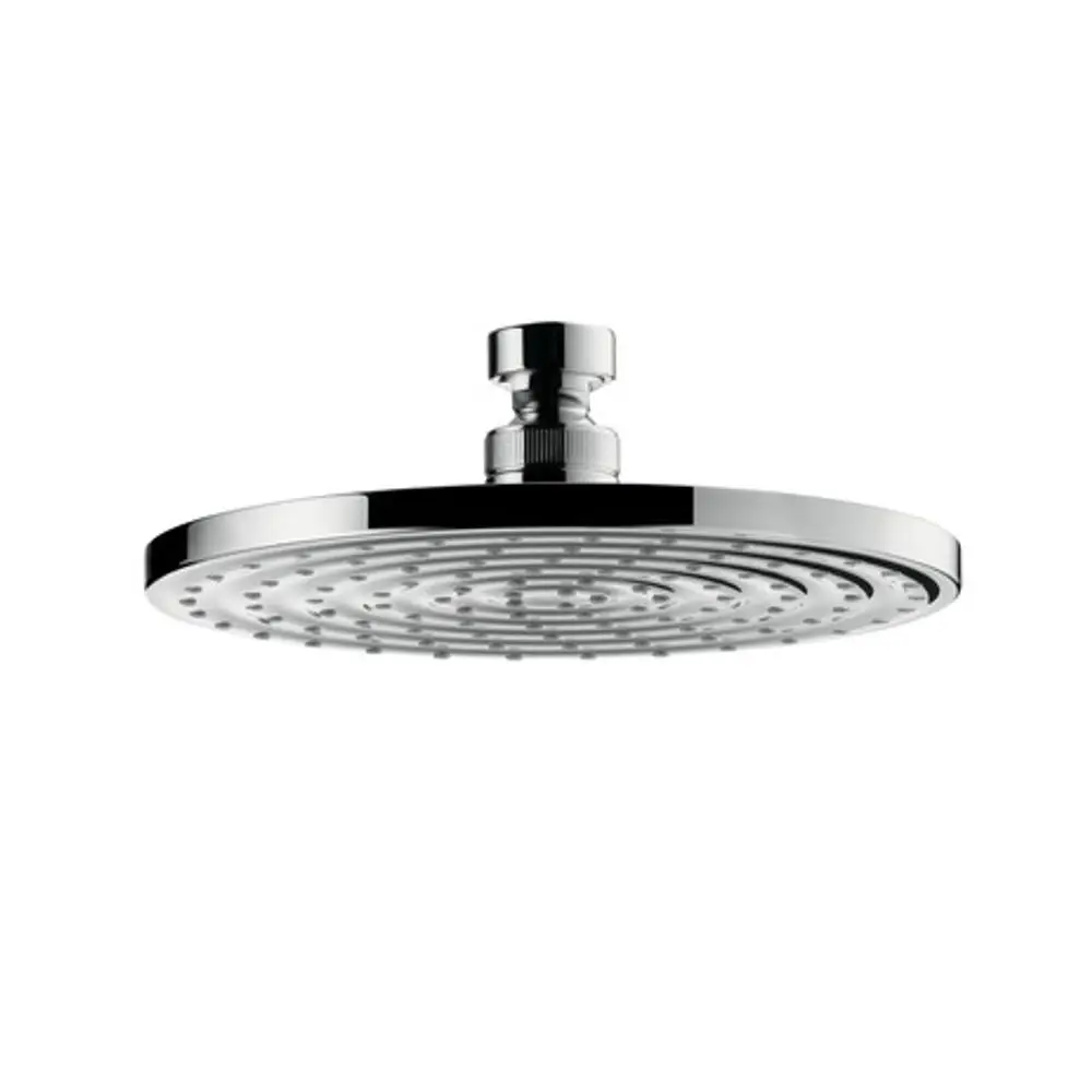 Große, runde Kopfbrause aus Chrom von Hansgrohe mit gleichmäßiger Wasserverteilung und modernem Design, montierbar an Decken- oder Wandanschluss.
